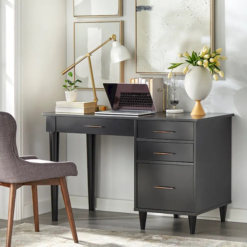Bureau de bureau Mid-Century Modern avec tiroirs Chêne noir Blanc