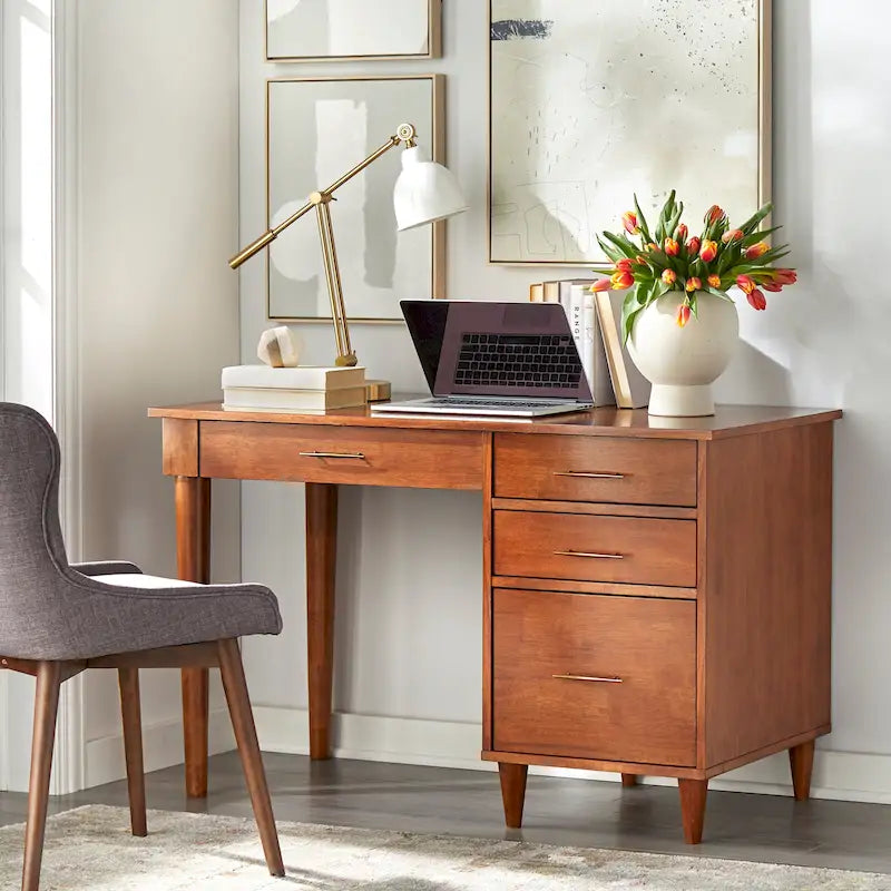 Bureau de bureau Mid-Century Modern avec tiroirs Chêne noir Blanc