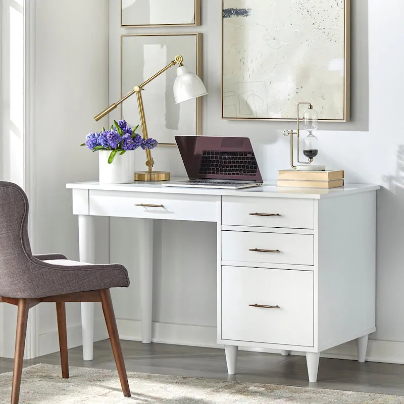 Bureau de bureau Mid-Century Modern avec tiroirs Chêne noir Blanc