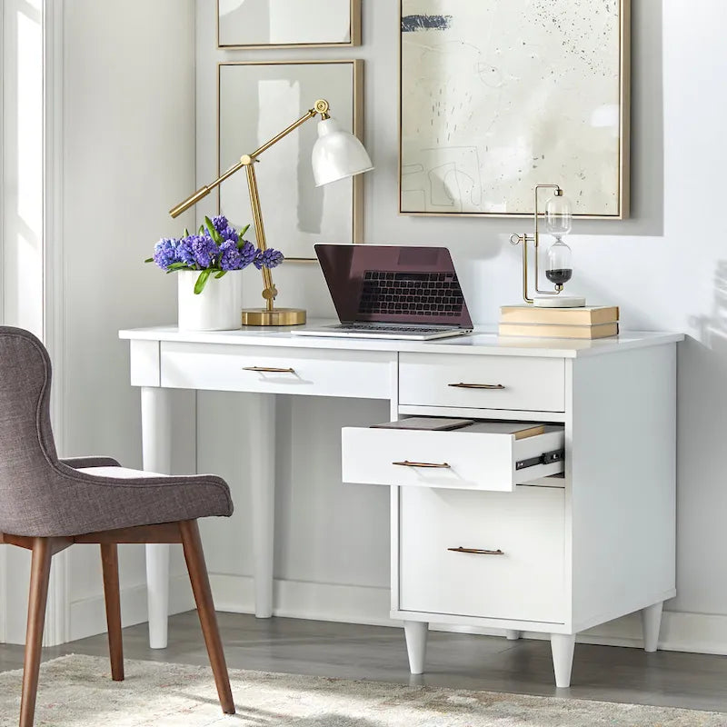 Bureau de bureau Mid-Century Modern avec tiroirs Chêne noir Blanc