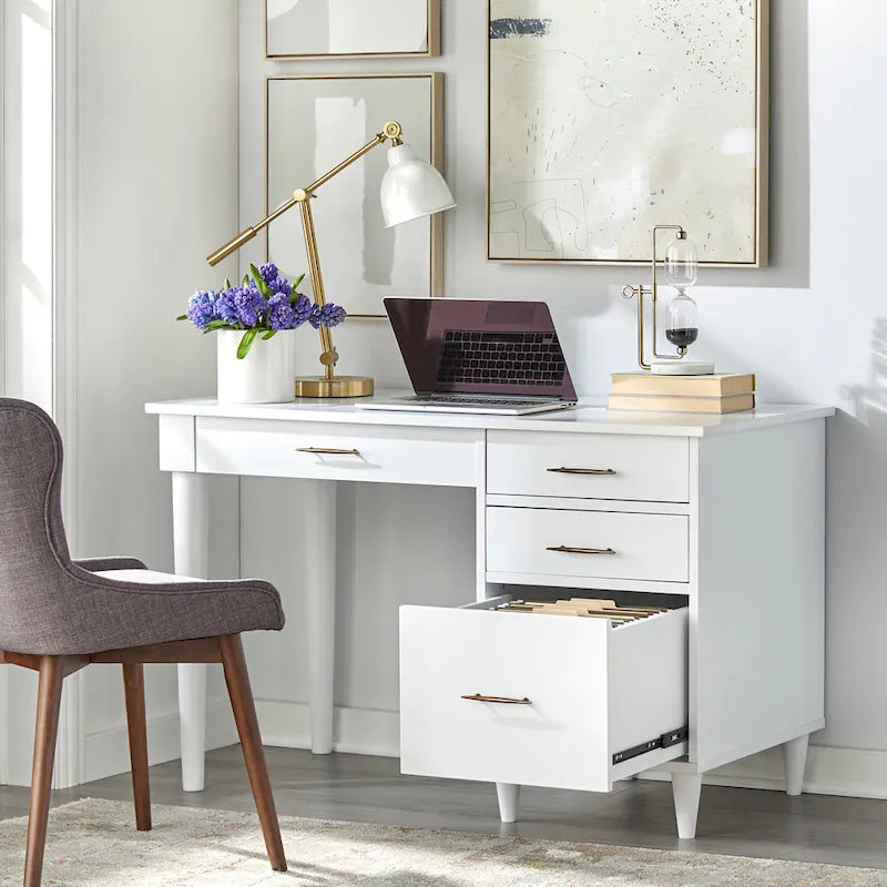 Bureau de bureau Mid-Century Modern avec tiroirs Chêne noir Blanc