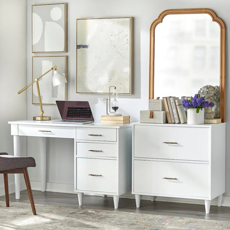 Bureau de bureau Mid-Century Modern avec tiroirs Chêne noir Blanc