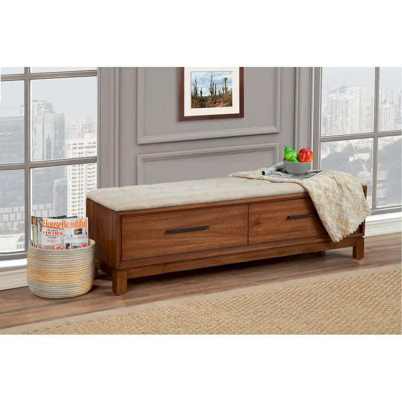 Banc de rangement avec coussin capitonné et tiroirs à queue d'aronde, Érable miel et Blanc craie