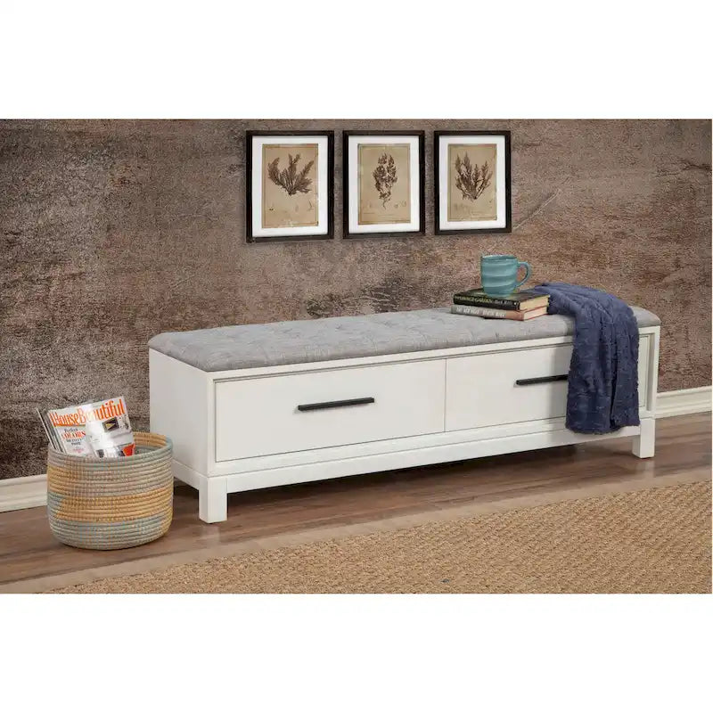 Banc de rangement avec coussin capitonné et tiroirs à queue d'aronde, Érable miel et Blanc craie