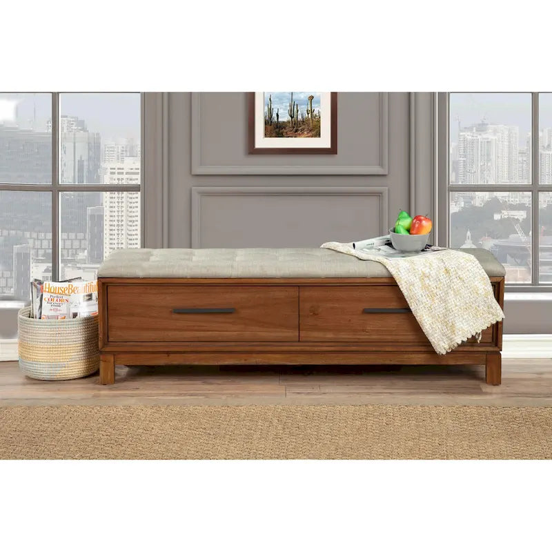 Banc de rangement avec coussin capitonné et tiroirs à queue d'aronde, Érable miel et Blanc craie