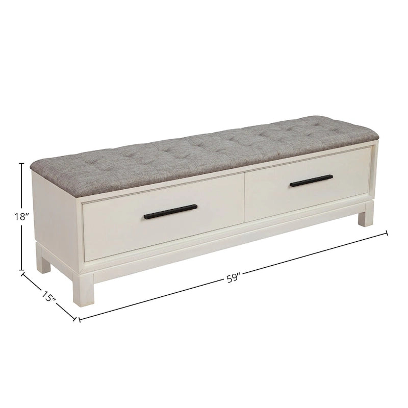 Banc de rangement avec coussin capitonné et tiroirs à queue d'aronde, Érable miel et Blanc craie