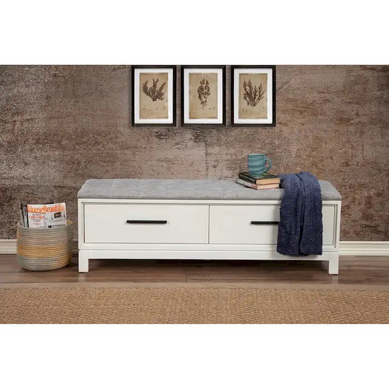 Banc de rangement avec coussin capitonné et tiroirs à queue d'aronde, Érable miel et Blanc craie