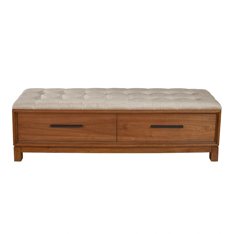 Banc de rangement avec coussin capitonné et tiroirs à queue d'aronde, Érable miel et Blanc craie