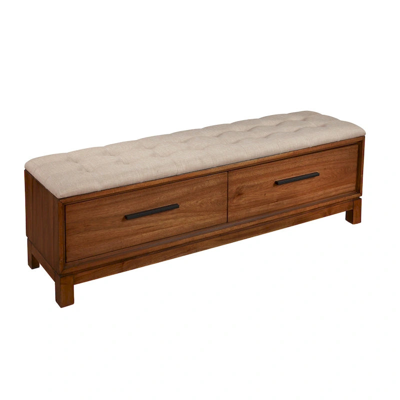 Banc de rangement avec coussin capitonné et tiroirs à queue d'aronde, Érable miel et Blanc craie