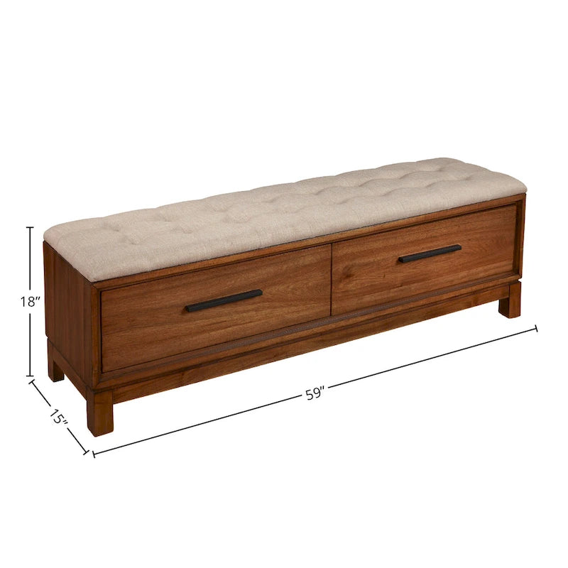 Banc de rangement avec coussin capitonné et tiroirs à queue d'aronde, Érable miel et Blanc craie