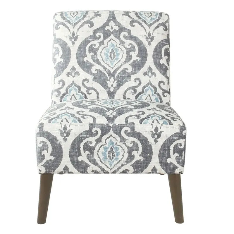 Fauteuil d'appoint sans accoudoirs, assise capitonnée à motif médaillon, pieds en noyer foncé, bleu-gris