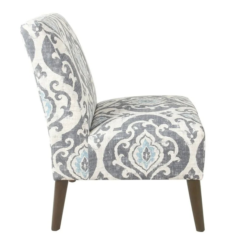 Fauteuil d'appoint sans accoudoirs, assise capitonnée à motif médaillon, pieds en noyer foncé, bleu-gris