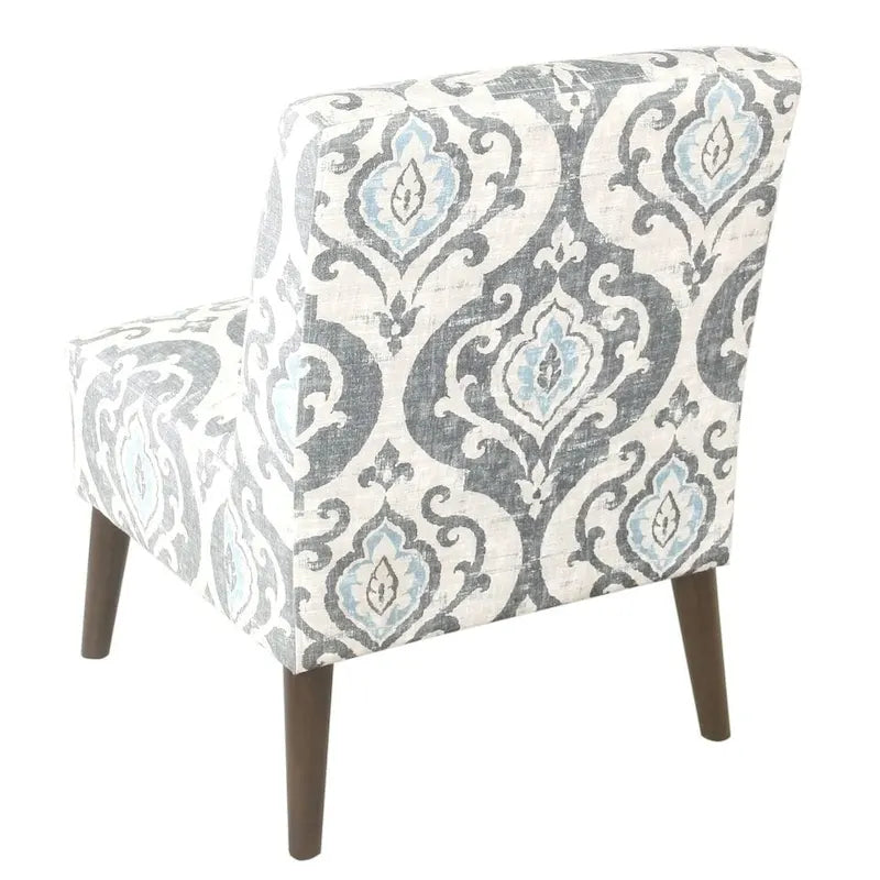 Fauteuil d'appoint sans accoudoirs, assise capitonnée à motif médaillon, pieds en noyer foncé, bleu-gris