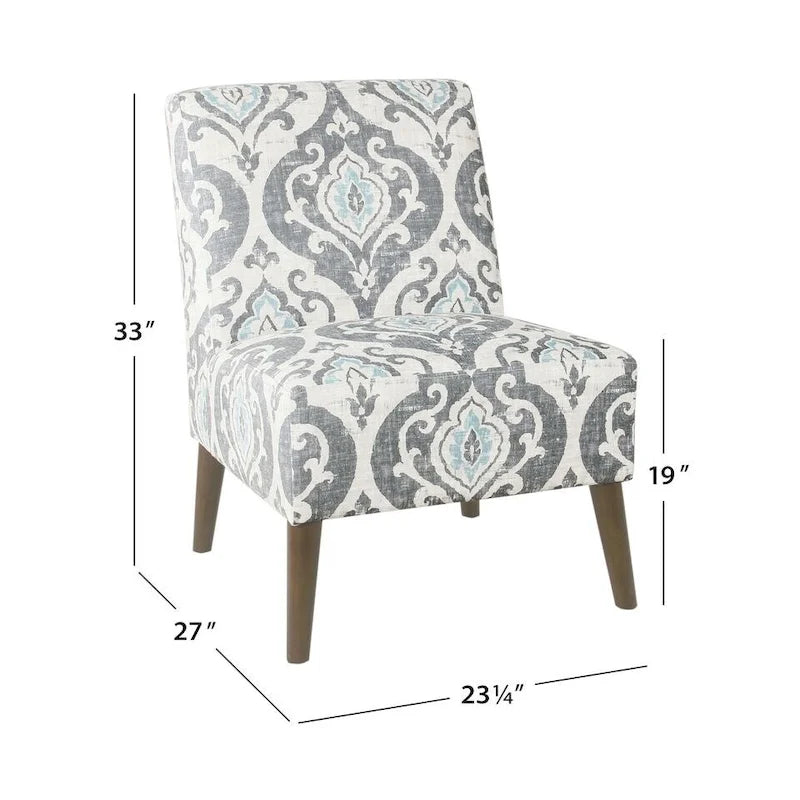 Fauteuil d'appoint sans accoudoirs, assise capitonnée à motif médaillon, pieds en noyer foncé, bleu-gris