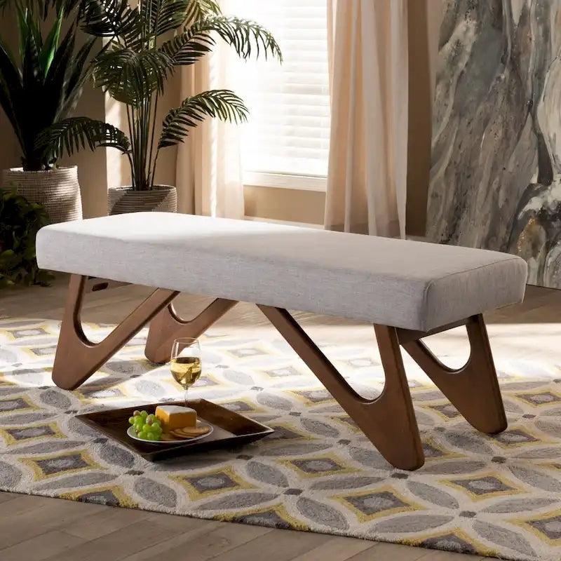 Banc rembourré style Mid-Century Modern avec pieds boomerang, beige grisâtre ou gris foncé