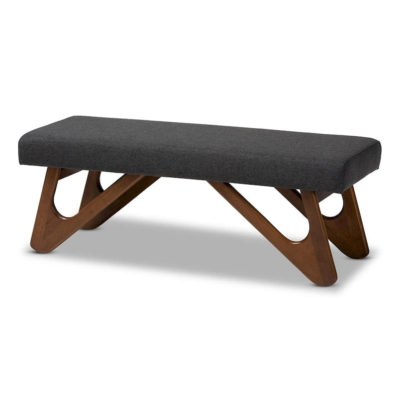 Banc rembourré style Mid-Century Modern avec pieds boomerang, beige grisâtre ou gris foncé
