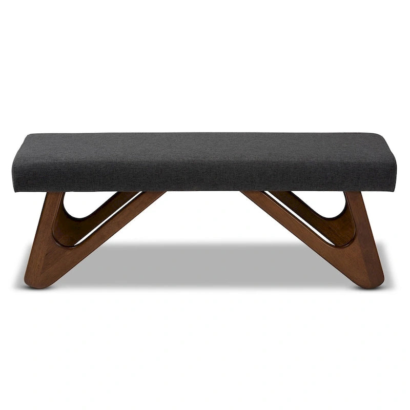 Banc rembourré style Mid-Century Modern avec pieds boomerang, beige grisâtre ou gris foncé