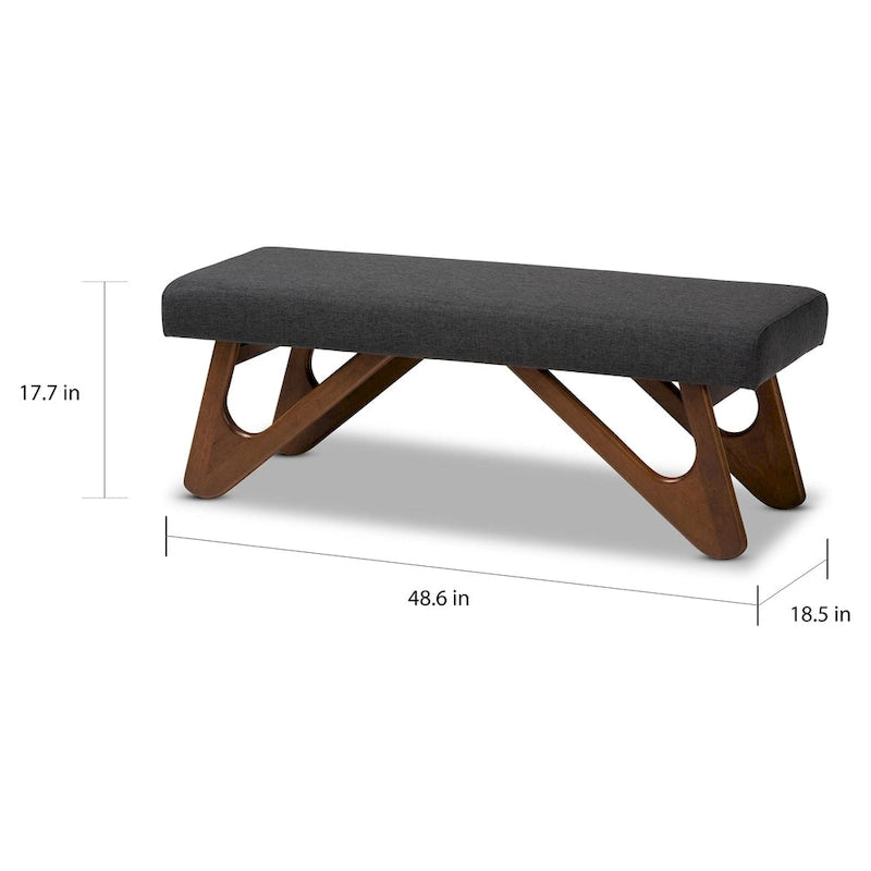Banc rembourré style Mid-Century Modern avec pieds boomerang, beige grisâtre ou gris foncé