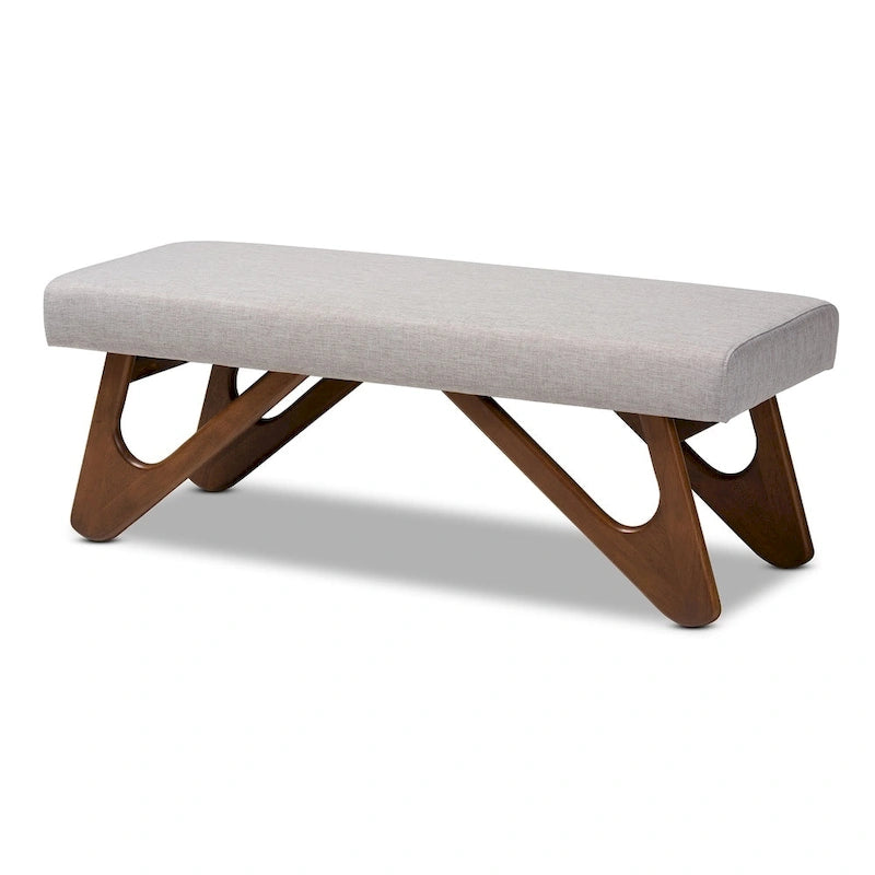 Banc rembourré style Mid-Century Modern avec pieds boomerang, beige grisâtre ou gris foncé