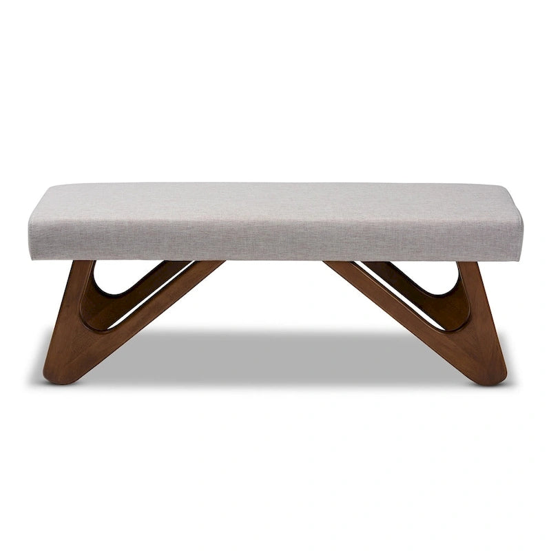 Banc rembourré style Mid-Century Modern avec pieds boomerang, beige grisâtre ou gris foncé
