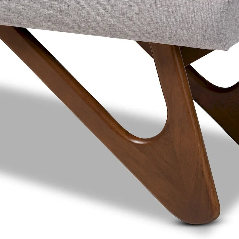 Banc rembourré style Mid-Century Modern avec pieds boomerang, beige grisâtre ou gris foncé