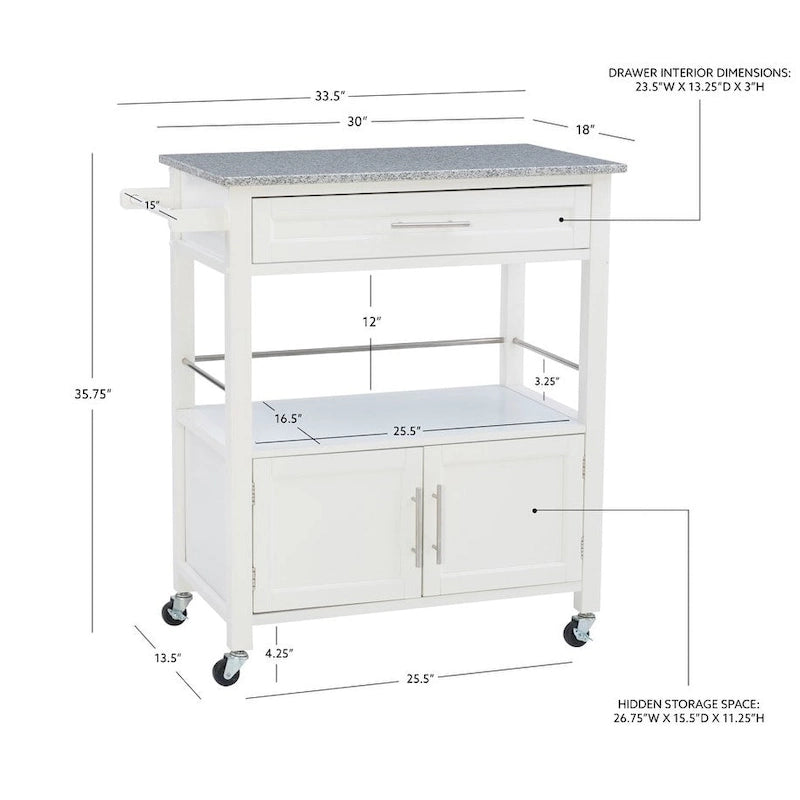 Chariot de cuisine mobile roulant avec plateau en granit Fini blanc noir