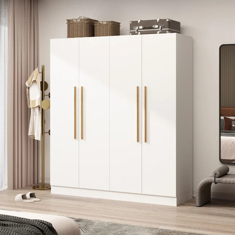 Armoire à 4 portes avec tringles et poignées dorées Blanches