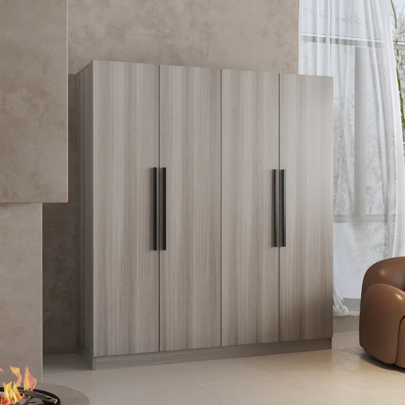 Armoire à 4 portes avec tringles et poignées dorées Blanches