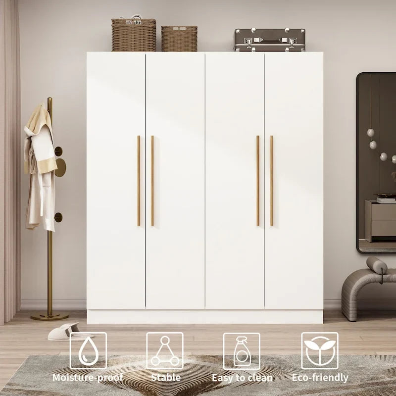 Armoire à 4 portes avec tringles et poignées dorées Blanches