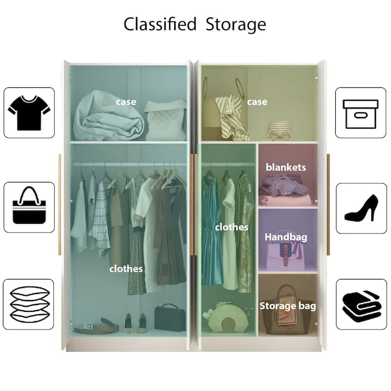 Armoire à 4 portes avec tringles et poignées dorées Blanches