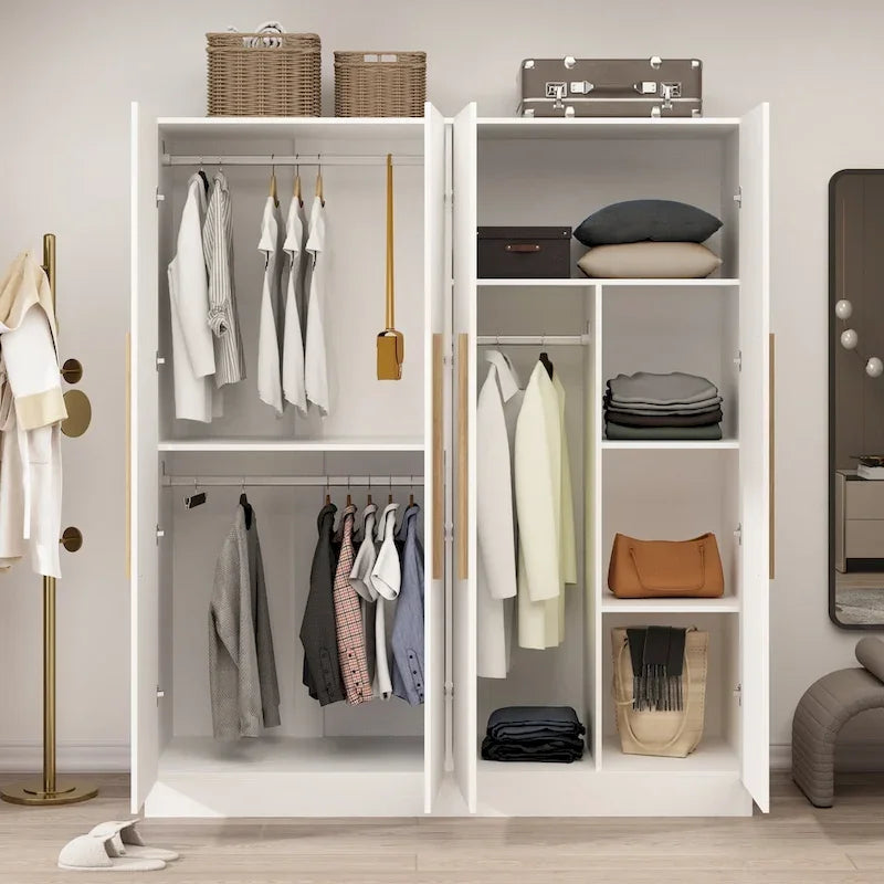 Armoire à 4 portes avec tringles et poignées dorées Blanches