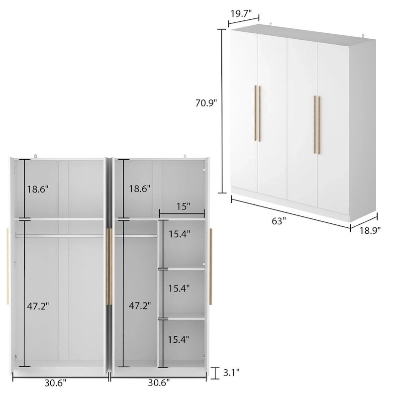 Armoire à 4 portes avec tringles et poignées dorées Blanches