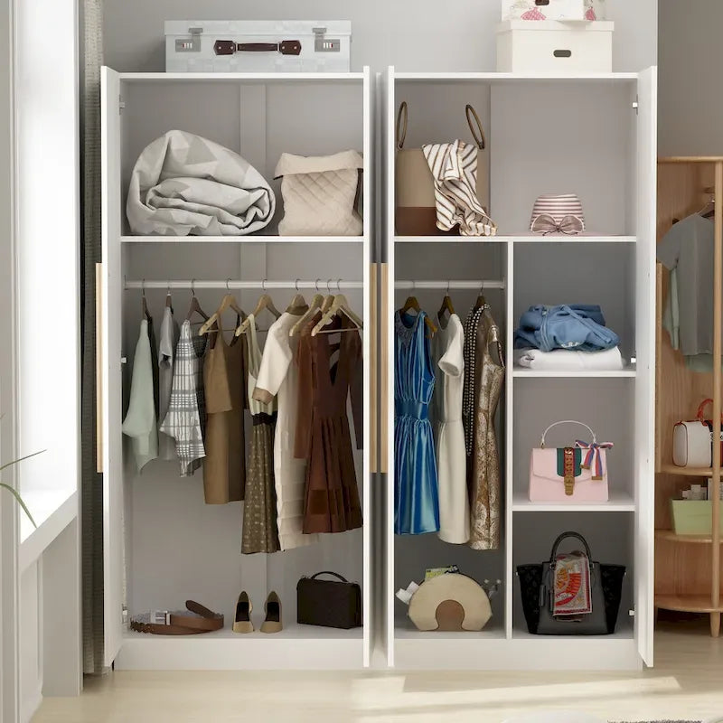 Armoire à 4 portes avec tringles et poignées dorées Blanches