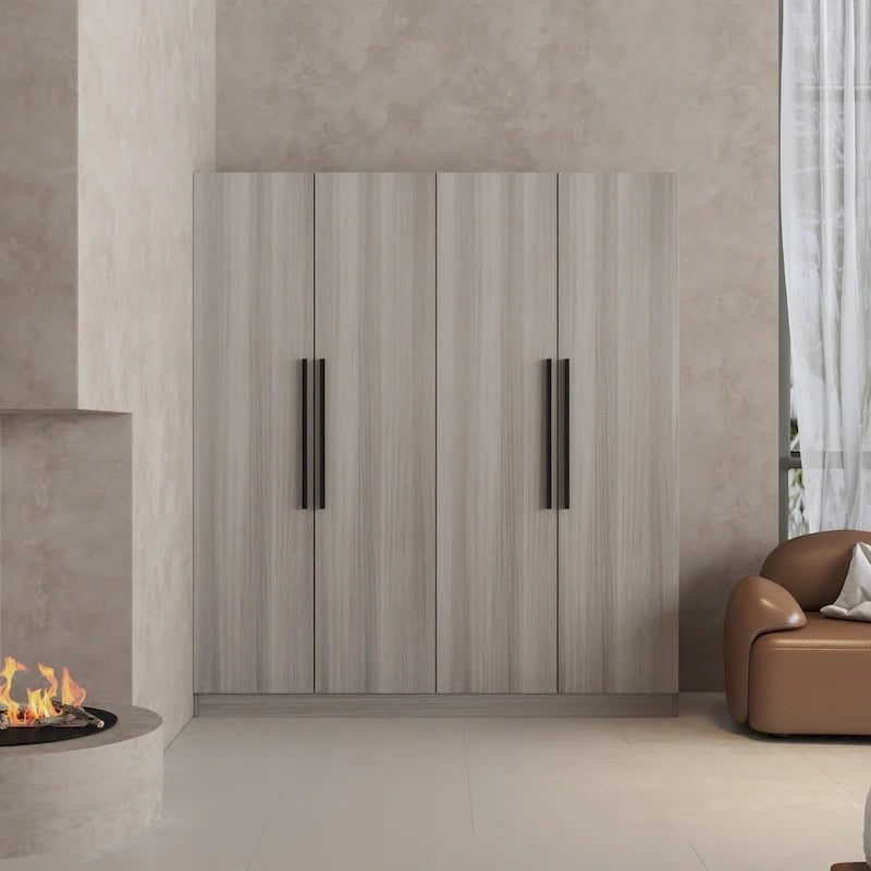 Armoire à 4 portes avec tringles et poignées dorées Blanches
