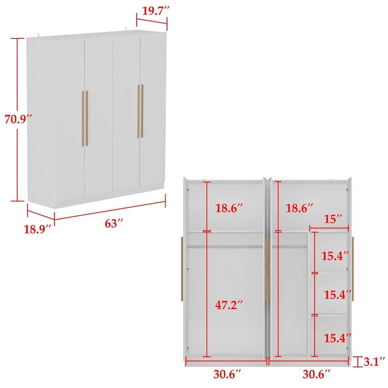 Armoire à 4 portes avec tringles et poignées dorées Blanches