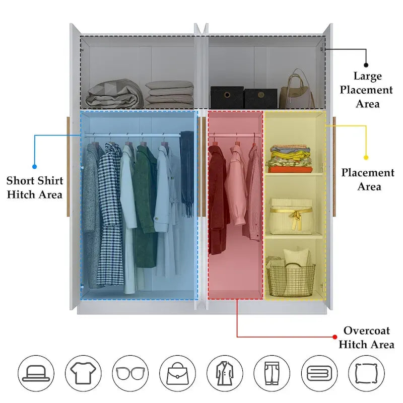 Armoire à 4 portes avec tringles et poignées dorées Blanches