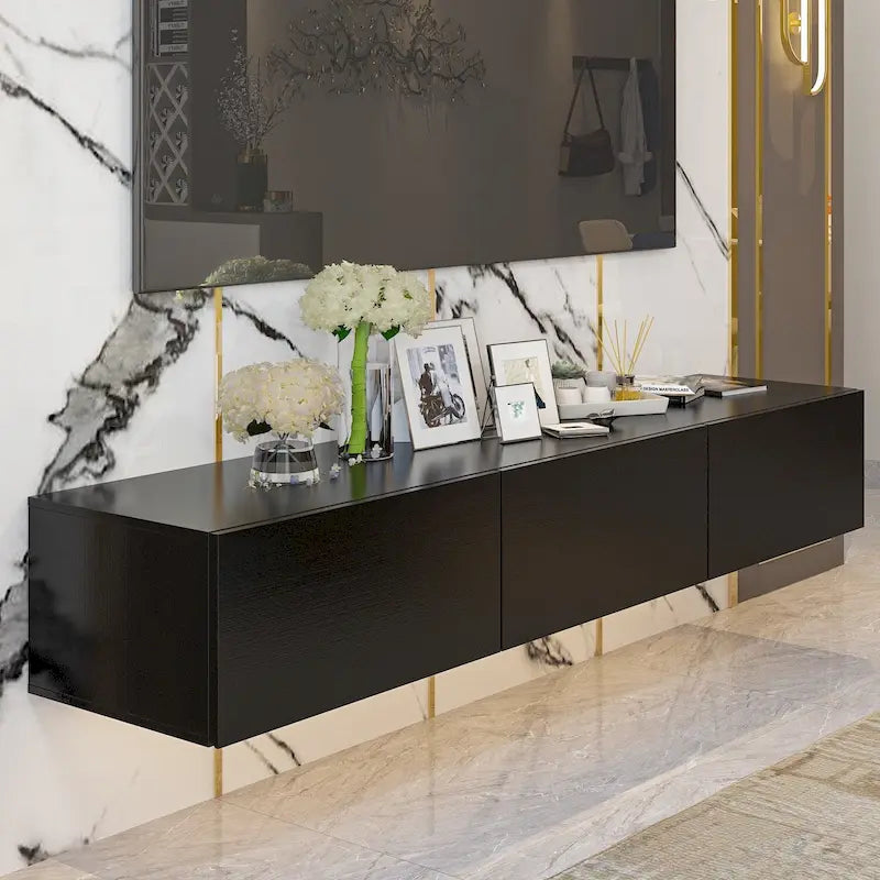 Meuble TV mural flottant avec lumières LED noir blanc laqué