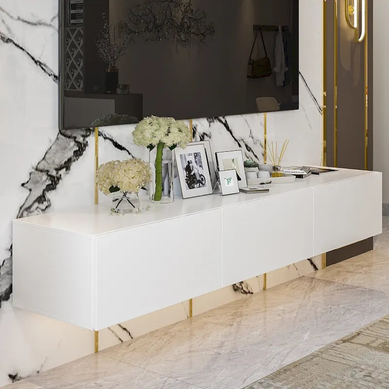 Meuble TV mural flottant avec lumières LED noir blanc laqué