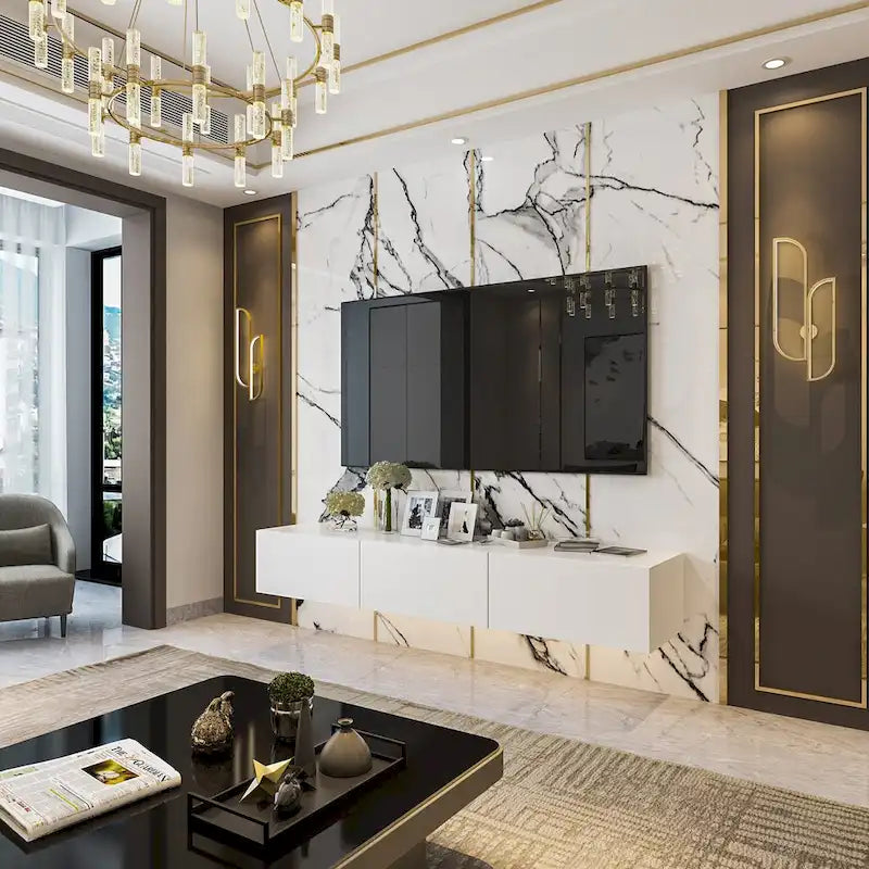 Meuble TV mural flottant avec lumières LED noir blanc laqué