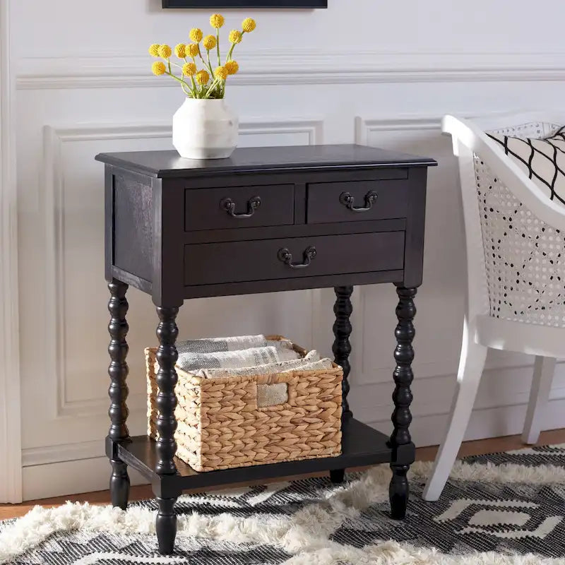 Console de style campagnard à 3 tiroirs avec étagère ouverte, marron/blanc/noir