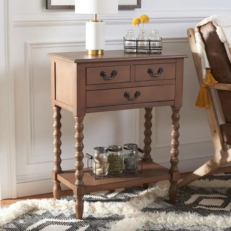 Console de style campagnard à 3 tiroirs avec étagère ouverte, marron/blanc/noir