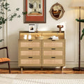 Commode à 6 tiroirs en rotin avec lumières LED, prise de courant et armoire de rangement en bois naturel