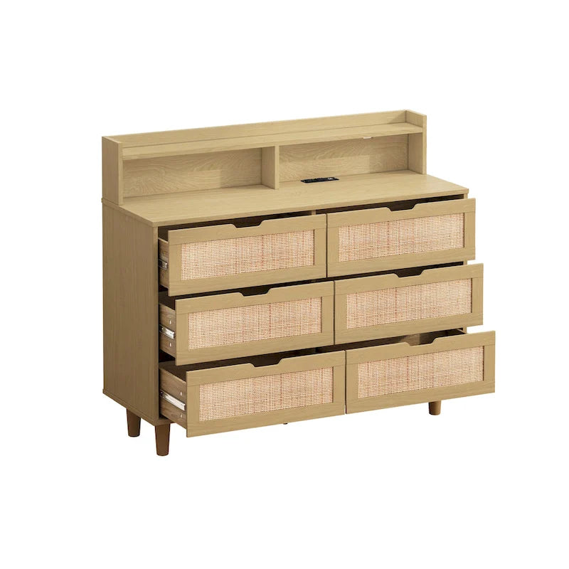 Commode à 6 tiroirs en rotin avec lumières LED, prise de courant et armoire de rangement en bois naturel