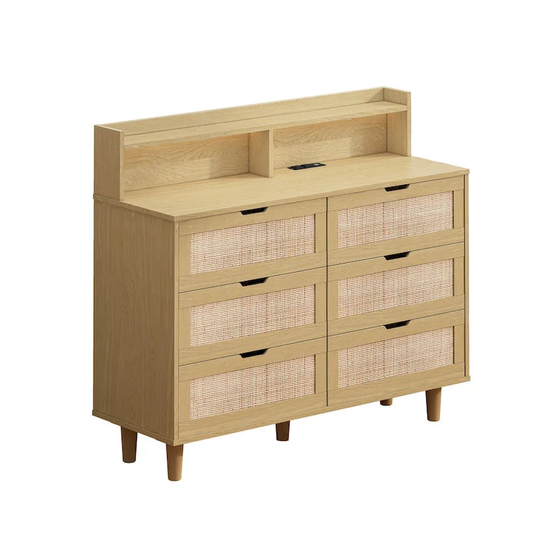 Commode à 6 tiroirs en rotin avec lumières LED, prise de courant et armoire de rangement en bois naturel