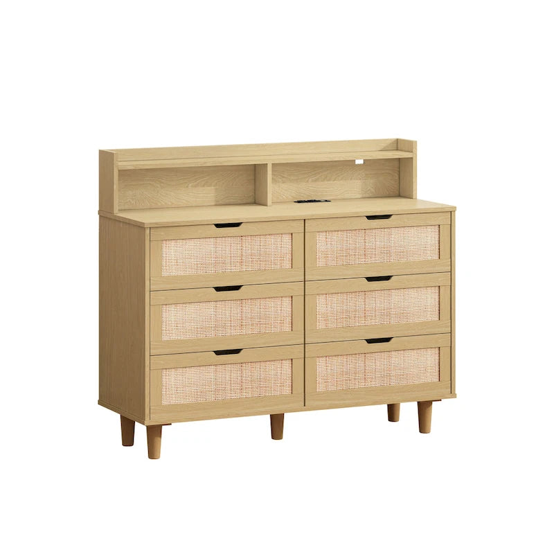 Commode à 6 tiroirs en rotin avec lumières LED, prise de courant et armoire de rangement en bois naturel
