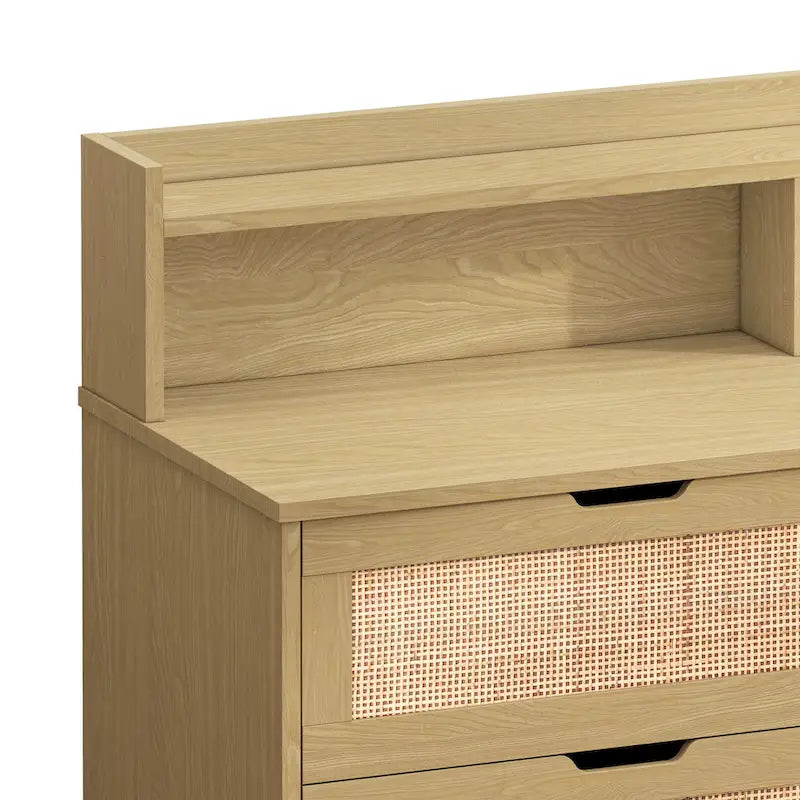 Commode à 6 tiroirs en rotin avec lumières LED, prise de courant et armoire de rangement en bois naturel