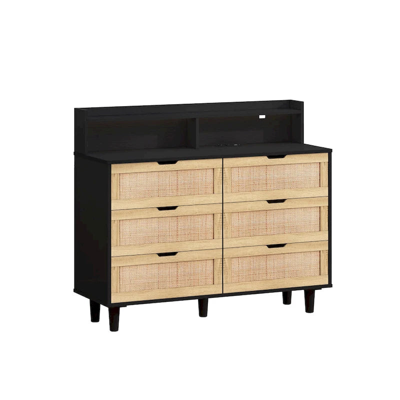 Commode à 6 tiroirs en rotin avec lumières LED, prise de courant et armoire de rangement en bois naturel