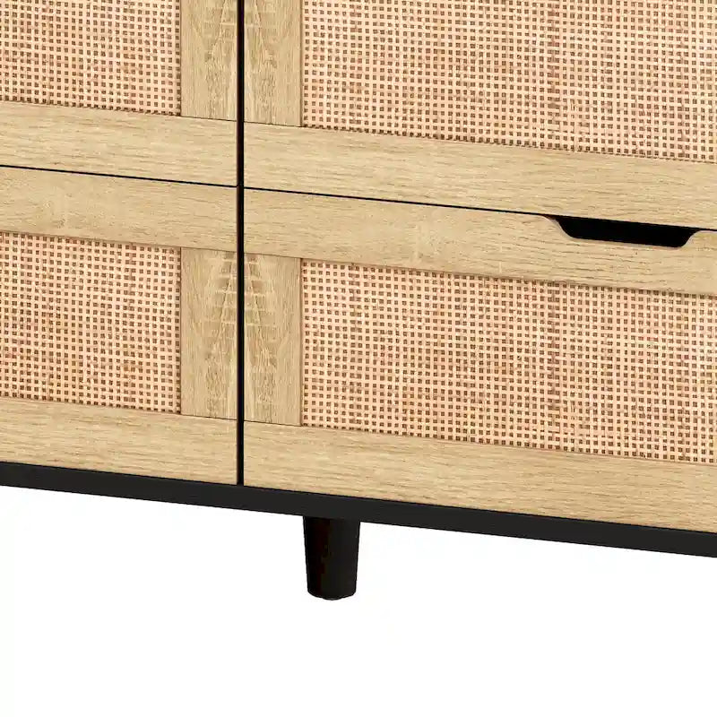 Commode à 6 tiroirs en rotin avec lumières LED, prise de courant et armoire de rangement en bois naturel