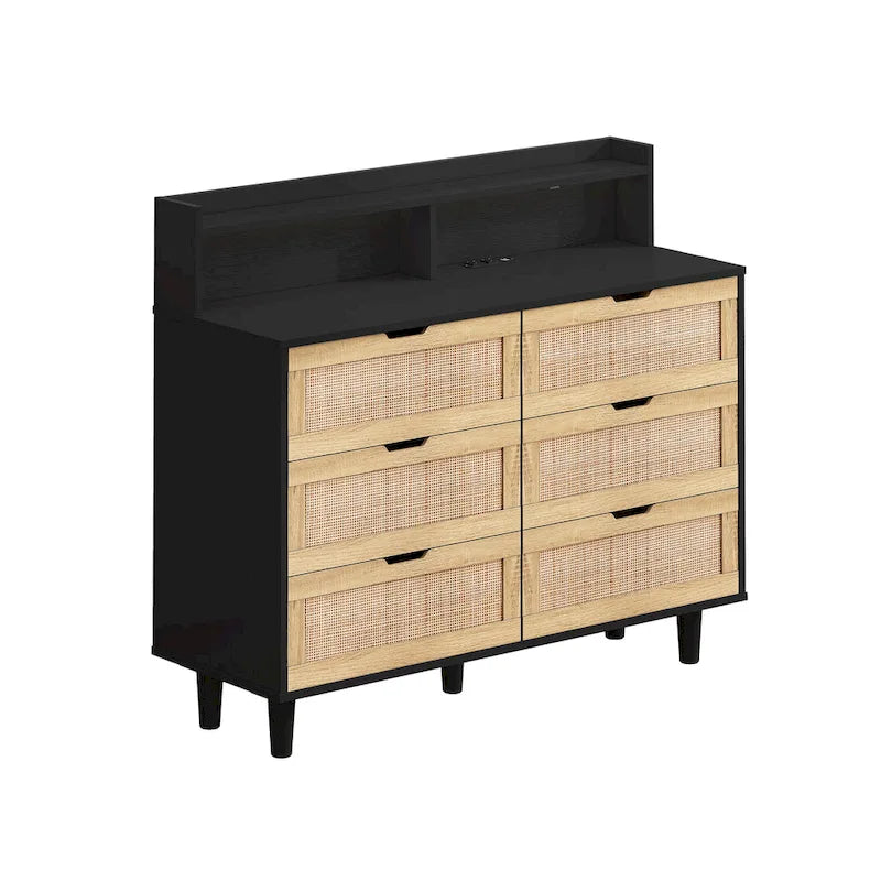Commode à 6 tiroirs en rotin avec lumières LED, prise de courant et armoire de rangement en bois naturel