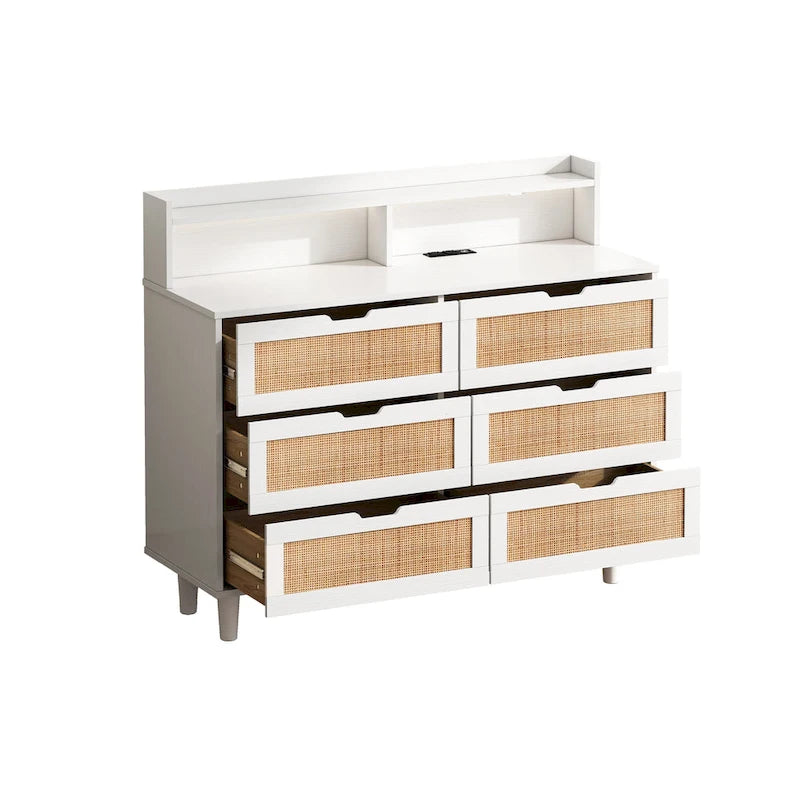 Commode à 6 tiroirs en rotin avec lumières LED, prise de courant et armoire de rangement en bois naturel